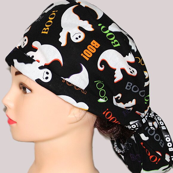 Womens My Halloween Boo, Ghost Ponytail Scrub Cap, Handmade NWOT - Picture 4 of 7